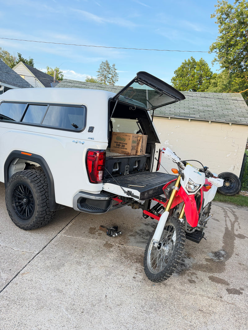 GMC 2500 with Honda CRF250L on the Loowit Lift